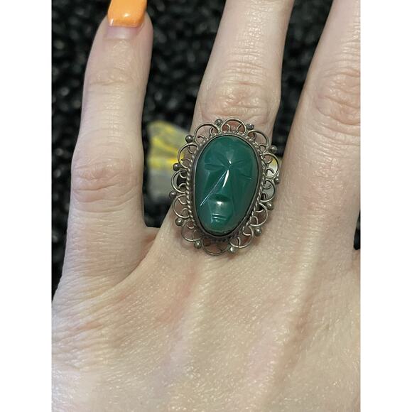 Mexico Jewelry - Mexico Sterling Silver Carved Green Onyx Aztec Mayan Face Ring🌵Size 6